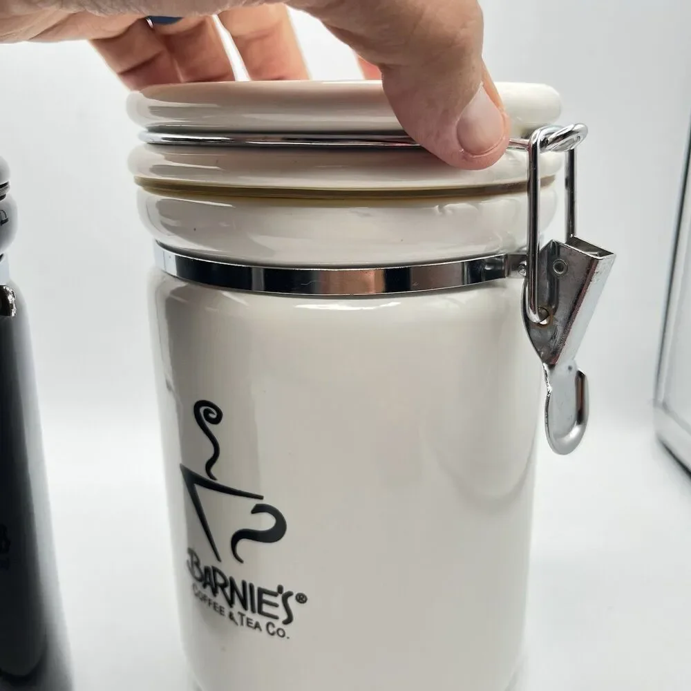 Barnie's Coffee & Tea Co. White Black Ceramic Canister Jar Set Of 2 - No Spoons
